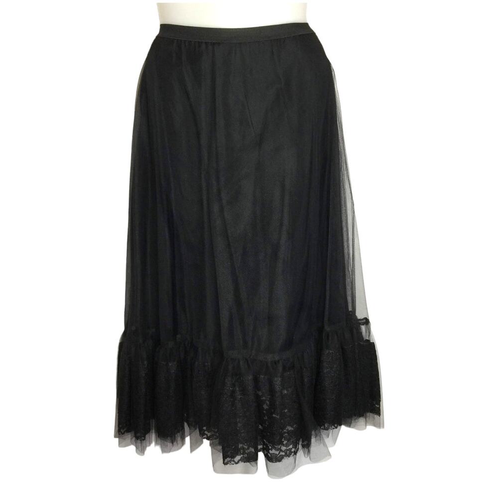 Black Tulle Midi Skirt with Lace Size M fits 8 10 12 Made in Italy Whimsigoth